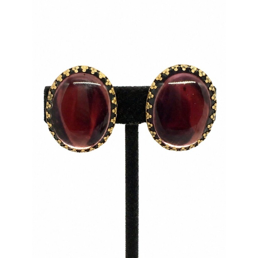 VINTAGE GLASS EARRINGS Purple Cabochon Gold Tone Clip On Oval Statement
